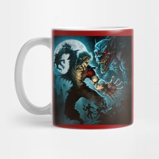 Cartoon image of a vampire vs. a werewolf at full moon. Mug